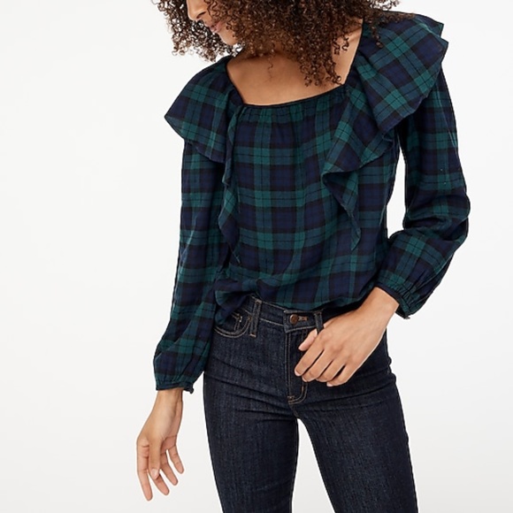 J Crew Flannel Squareneck Ruffle Top in Blackwatch Green Navy Black Plaid - Picture 1 of 7